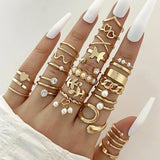 Cifeeo-Christmas Gift New Year's Eve Gift Bohemian Geometric Knuckle Rings Set For Women Eye Cross Sun And Moon Leaf Charm Finger Ring Female Fashion Party Jewelry