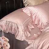 Cifeeo-4Pcs Luxury Embroidery Ruffles Bedding Set 1000TC Lyocell Cotton Soft Silky Duvet Coves Set Flat/Fitted Bed Sheet Pillowcases