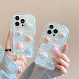 CIFEEO- 3D Cute Rabbit Bear Phone case For iphone 11 12 13 14 Pro Max Plus X XS XR Max 7 8 Plus Cream Lace Transparent Silicone Cover