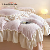 Cifeeo-French Princess Style Velvet Fleece Ruffles Winter Bedding Set Plush Warm Coral Velvet Duvet Cover Set Bed Sheet Pillowcases