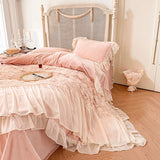 Cifeeo-Autumn and Winter Bedding Set Pink Romantic Rose Lace Ruffles Patchwork Bedding Set, Velvet Fleece Duvet Cover, Bed Sheet, Pillowcase, French Princess Wedding