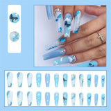 Cifeeo  Blue Long Ballerina Fake Nails Set Press On Nails French Butterfly False Nail Tips With Designs Shiny Rhinestone Coffin Nails