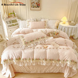 Cifeeo-Autumn and Winter Bedding Set Luxury Pink Super Soft Velvet Fleece Princess Bedding Set, Flowers Embroidery, Lace Ruffles, Duvet Cover, Bed Sheet, Pillowcases