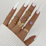 Cifeeo-Christmas Gift New Year's Eve Gift Bohemia Geometric Colorful Enamel Kunckle Ring Set For Women Butterfly Heart Sign Finger Ring Female Daily Jewelry