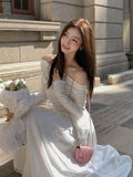 Cifeeo-Autumn Fashion White Knitted Dress Women Elegant Sexy Off Shoulder Slim A-Line Robe Korean Spring Casual Long Sleeve Clothing