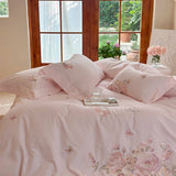 Cifeeo-3/4Pcs Pink Flowers Embroidery Egyptian Cotton Brushed Bedding Set Single Queen King Size Duvet Cover Set Bed Sheet Pillowcases