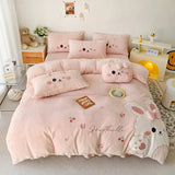 Cifeeo-Autumn and Winter Bedding Set Pink Cute Cartoon Rabbit Applique Embroidery Bedding Set Velvet Fleece Duvet Cover Bed Sheet Fitted Sheet Bed Skirt Pillowcases