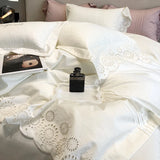 Cifeeo-White Luxury Bedding Set Autumn Winter 1000TC Egyptian Cotton Satin Jacquard Punched Lace Duvet Cover Set Bed Sheet Pillowcases