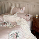 Cifeeo-Pink Flowers Embroidery Lace Ruffles Wedding Bedding Set 1000TC Egyptian Cotton Duvet Cover Flat/Fitted Bed Sheet Pillowcases