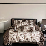 Cifeeo-1000TC Egyptian Cotton Brown French Vintage Flowers Printing Bedding Set Duvet Cover Set Flat/Fitted Bed Sheet Pillowcases 4Pcs