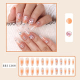 Cifeeo 24Pcs Long Coffin False Nails with Glue Wearable Brown Fake Nails with   Rhinestones Ballet Press on Nails Full Cover Nail Tips