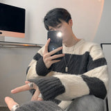 Cifeeo-Winter Outfits Men chill guy Men's O Neck Patchwork Knitted Pullover Sweater Casual Vintage Loose Light Luxury Korean Popular Long Sleeve Winter Clothing