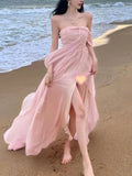 Cifeeo-Christmas Party Dresses  Pink Elegant Pleated High Waist Split Long Dress Women Fashion Backless Halter Strapless Fairy Dress Female 2024 Vestido