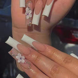 Cifeeo 24Pcs False Nails With Glue Flower Design Long Coffin French Ballerina Fake Nails Full Cover Acrylic Nail Tips Press On Nails