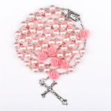 Cifeeo-Christmas Gift New Year's Eve Gift 6MM Pink Rosary Necklace For Women Rose Glass Beads Chain Crucifix Cross INRI Pendant Men Religious Prayer Long Jewelry