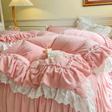 Cifeeo-Autumn and Winter Bedding Set Korean Princess Style Soft Velvet Fleece Bedding Set Double Layer Ruffles Fluffy Short Plush Duvet Cover Bed Skirt Pillowcases