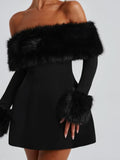 Cifeeo-new years eve outfits Christmas party outfits Women Black Fluffy Faux Fur Backless Mini Dress Fashion Strapless High A-neck Slim Dresses 2024 New Lady Party Gown Vestidos