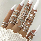 Cifeeo-Christmas Gift New Year's Eve Gift Bohemian Geometric Knuckle Rings Set For Women Eye Cross Sun And Moon Leaf Charm Finger Ring Female Fashion Party Jewelry