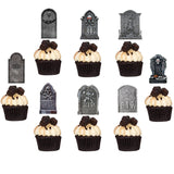 Cifeeo 12/24pcs Halloween Tombstone RIP Cupcake Toppers Horror Skeleton Graveyard Gravestone Cake Flag for Halloween Party Decorations