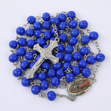 Cifeeo-Christmas Gift New Year's Eve Gift Blue Rosary Necklace For Women Men 6MM Wooden Prayer Beads Long Chain Religious Virgin Mary Cross Pendant Men Party Jewelry Gift