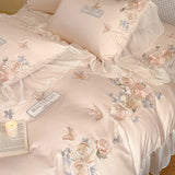 Cifeeo-Rose Flowers Embroidery Lace Ruffles Bedding Set Lyocell Cotton Soft Silky Cooling Duvet Cover Flat/Fitted Bed Sheet Pillowcases