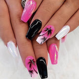 Cifeeo 24Pcs False Nails With Glue Flower Design Long Coffin French Ballerina Fake Nails Full Cover Acrylic Nail Tips Press On Nails