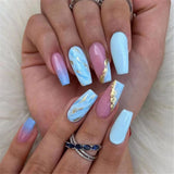 Cifeeo Fashion Pink Blue Blooming French Tips Coffin Fake Nail Tips With Designs Ballerina False Nails Set Press On Nails DIY Manicure