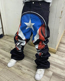 Cifeeo-America Y2k Vintage Star Skull Print Baggy Jeans Hip Hop Mens Fashion Embroidery Straight Wide Leg Denim Pants Black Streetwear
