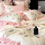 Cifeeo-100% Cotton Vintage Pink Red Rose Flowers Embroidery Wedding Bedding Set Princess Ruffles Duvet Cover Set Bed Sheet Pillowcases