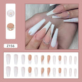 Cifeeo- 24pcs White Small Diamonds Detachable Long Ballerina False Nails With Design Wearable Fake Nails Full Cover Nail Tips