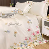 Cifeeo-Luxury Bedding Set Flowers Embroidery Summer Ice Silky Duvet Cover Set Fitted Sheet Bed Sheet Pillowcases Comforter Cover Set