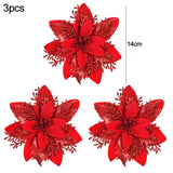 Cifeeo-3Pcs 14cm Christmas Flowers Glitter Artificial Red Gold Flower Head Berry DIY Xmas Tree Ornament Decorations for Home New Year