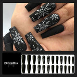 Cifeeo Christmas Party Ballerina False Nails Set Press On Nails Black French Coffin Fake Nail Tips With Designs Xmas Snowflake Manicure