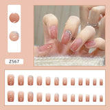 Cifeeo 24pcs Sweet French False Nails For Girl Press On Square Nail Wearable Fake Nails With Shiny Designs Diamond Full Cover Nail Tips