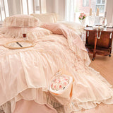 Cifeeo-Autumn and Winter Bedding Set Pink Romantic Rose Lace Ruffles Patchwork Bedding Set, Velvet Fleece Duvet Cover, Bed Sheet, Pillowcase, French Princess Wedding