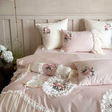 Cifeeo-Pink Flowers Embroidery Lace Ruffles Wedding Bedding Set 1000TC Egyptian Cotton Duvet Cover Flat/Fitted Bed Sheet Pillowcases