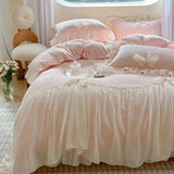 Cifeeo-Autumn and Winter Bedding Set Pink Romantic Lace Ruffles with Bow, French Princess Bedding Set, Plush, Warm Velvet, Fleece Duvet Cover, Bed Sheet, Pillowcases