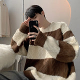 Cifeeo-Winter Outfits Men chill guy Men's O Neck Patchwork Knitted Pullover Sweater Casual Vintage Loose Light Luxury Korean Popular Long Sleeve Winter Clothing