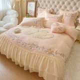 Cifeeo-Autumn and Winter Bedding Set Pink Princess Wedding Bedding Set, Lace Ruffles, Rose Flowers Embroidery, Velvet Fleece Duvet Cover Set, Bed Sheet, Pillowcase