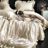 Cifeeo-French Romantic Jacquard Pure Cotton Brushed Princess Bedding Set Chic Flowers Organza Ruffles Duvet Cover Bed Sheet Pillowcases