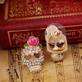 Cifeeo-Halloween Jewelry Vintage Skeleton Pink Rose Flower Stud Earrings For Women Shiny Rhinestone Crystal Skull Earring Halloween Party Ear Jewelry