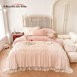 Cifeeo-Autumn and Winter Bedding Set Pink Romantic Rose Lace Ruffles Patchwork Bedding Set, Velvet Fleece Duvet Cover, Bed Sheet, Pillowcase, French Princess Wedding