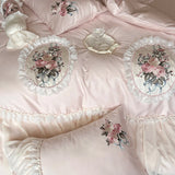 Cifeeo-Pink Flowers Embroidery Lace Ruffles Wedding Bedding Set 1000TC Egyptian Cotton Duvet Cover Flat/Fitted Bed Sheet Pillowcases