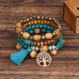 Cifeeo-Christmas Gift New Year's Eve Gift Boho Tree Of Life Bracelet Set For Women Fashion Tassels Charm Wooden Beads Elastic Chain Bangle Girl Trendy Party Jewelry