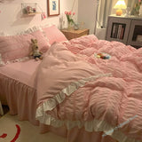 CIFEEO-Four Seasons Ins Style Pink Ruffled Seersucker Duvet Cover Set 3/4pcs Soft Lightweight Down Alternative Grey Bedding Set with Bed Skirt and Pillowcases