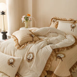 Cifeeo-Velvet Fleece Bedding Set Lace Ruffles, Soft Carved Duvet Cover, Quilted Bedspread, Bed Sheet, Pillowcases, Warm, Autumn, Winter