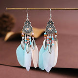 Cifeeo-Christmas Gift New Year's Eve Gift Bohemian Ethnic Feather Drop Earrings For Women Elegant Wood Beads Leaf Long Tassels Dangle Earring Girls Fashion Party Jewelry