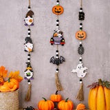 Cifeeo Halloween Wooden Bead Pendant with Tassels Gnome Pumpkin Ghost boo Wall Hanging Ornaments Boho Prayer Beads Home Tray Decoration