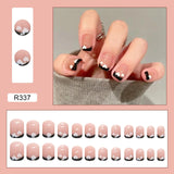 Cifeeo- French Heart Fake Nails Art Nail Tips Press on False Nail Set Full Cover Artificial Short Square Head Fingernails 24pcs/pack