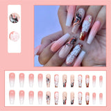 Cifeeo Fashion Blooming Long Ballerina Nail Tips French Coffin Fake Nails Set Press On Pink Gradient False Nails With Designs Manicure